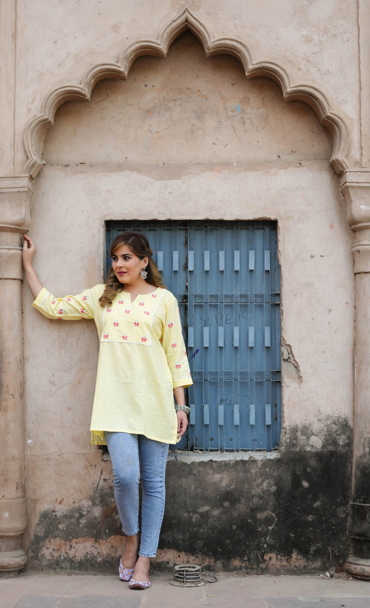 Linen Light Yellow Chikankari Short kurta -Custom Made
