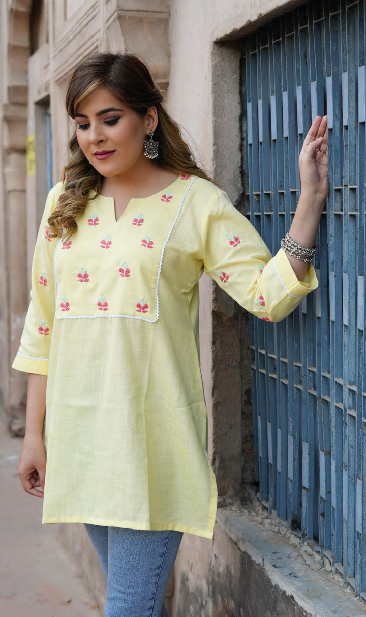 Linen Light Yellow Chikankari Short kurta -Custom Made