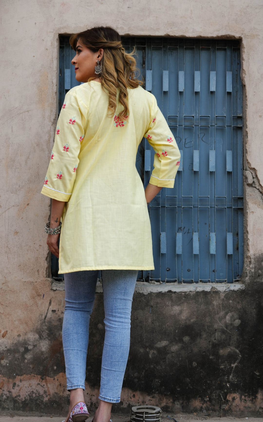 Linen Light Yellow Chikankari Short kurta -Custom Made