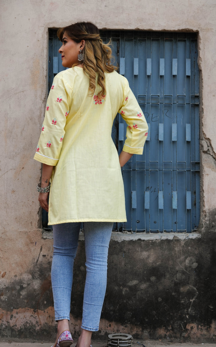 Linen Light Yellow Chikankari Short kurta -Custom Made