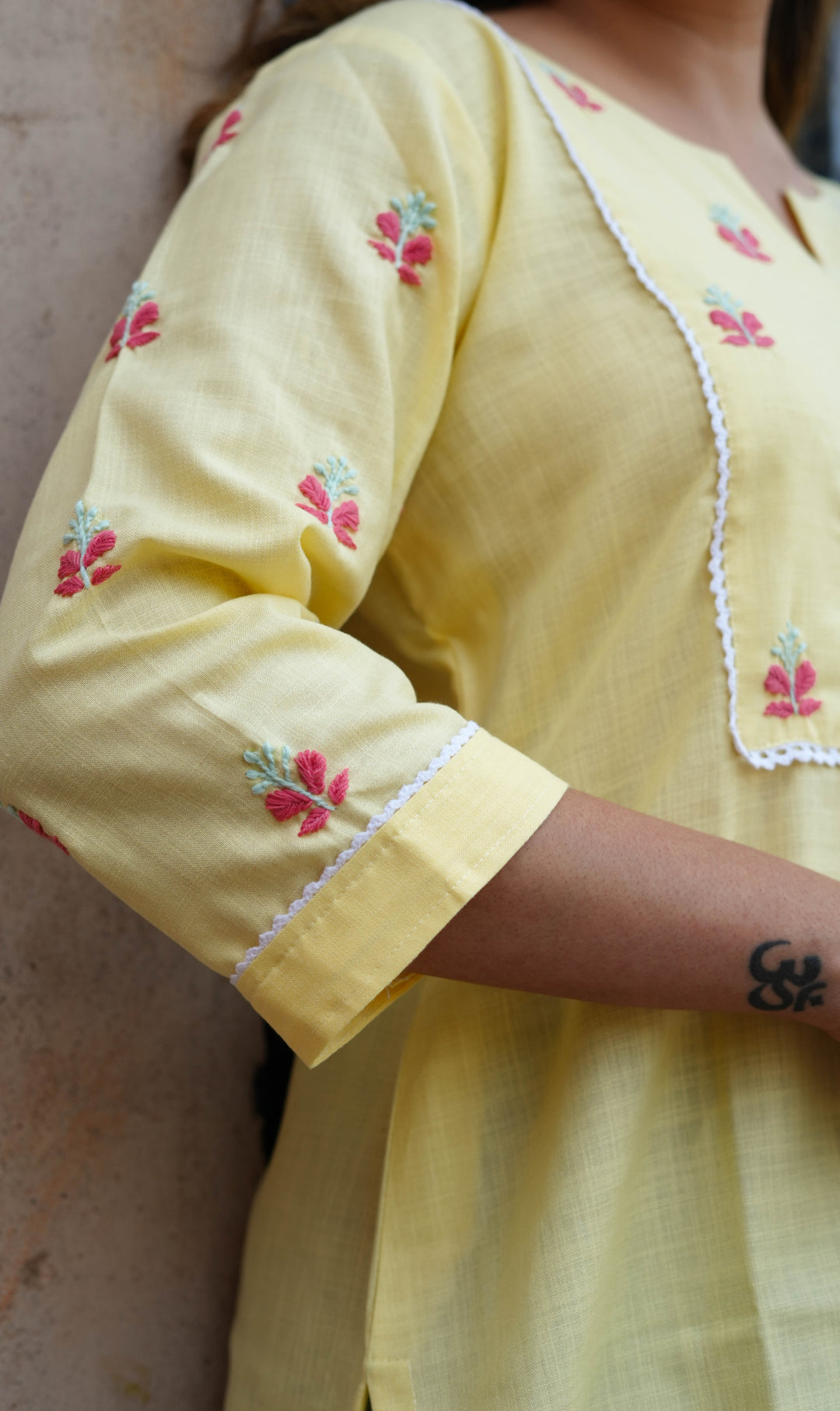 Linen Light Yellow Chikankari Short kurta -Custom Made
