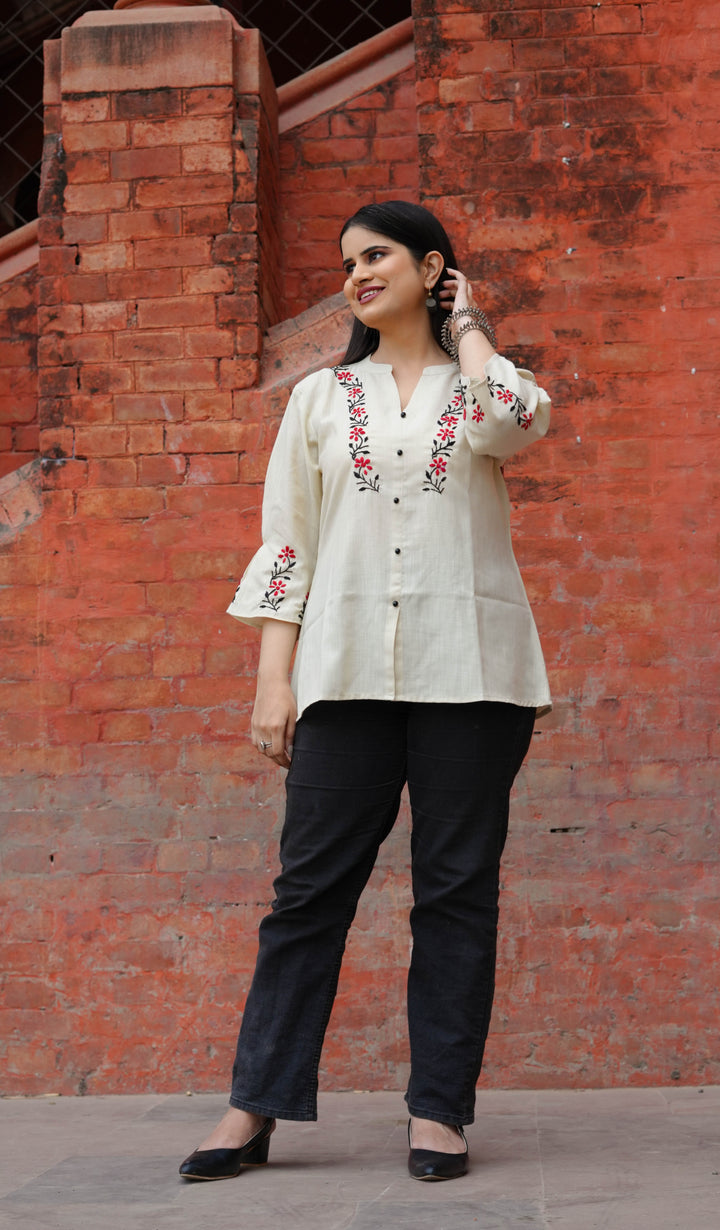 Linen Beige Chikankari Short kurta -Custom Made
