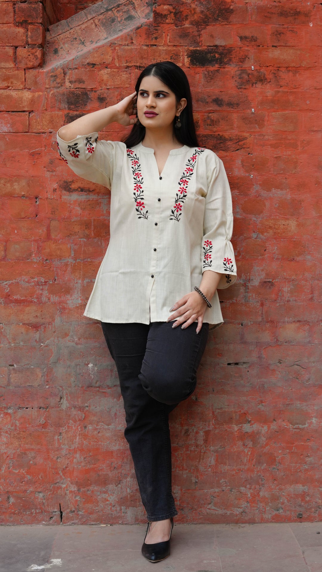 Linen Beige Chikankari Short kurta -Custom Made