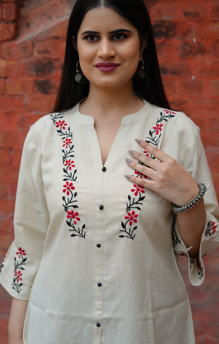 Linen Beige Chikankari Short kurta -Custom Made