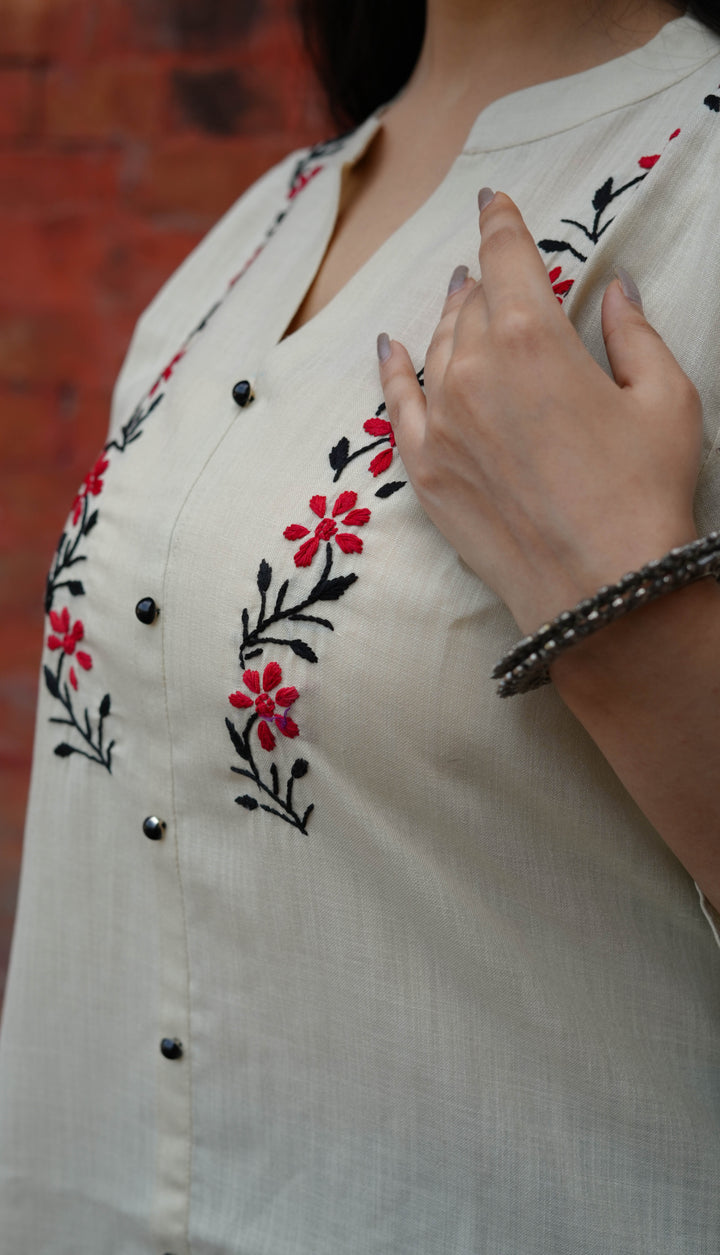 Linen Beige Chikankari Short kurta -Custom Made