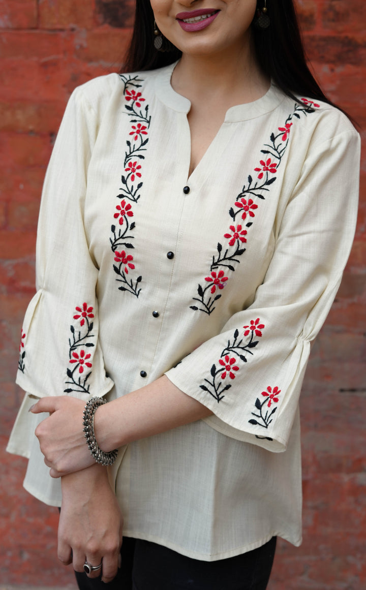 Linen Beige Chikankari Short kurta -Custom Made