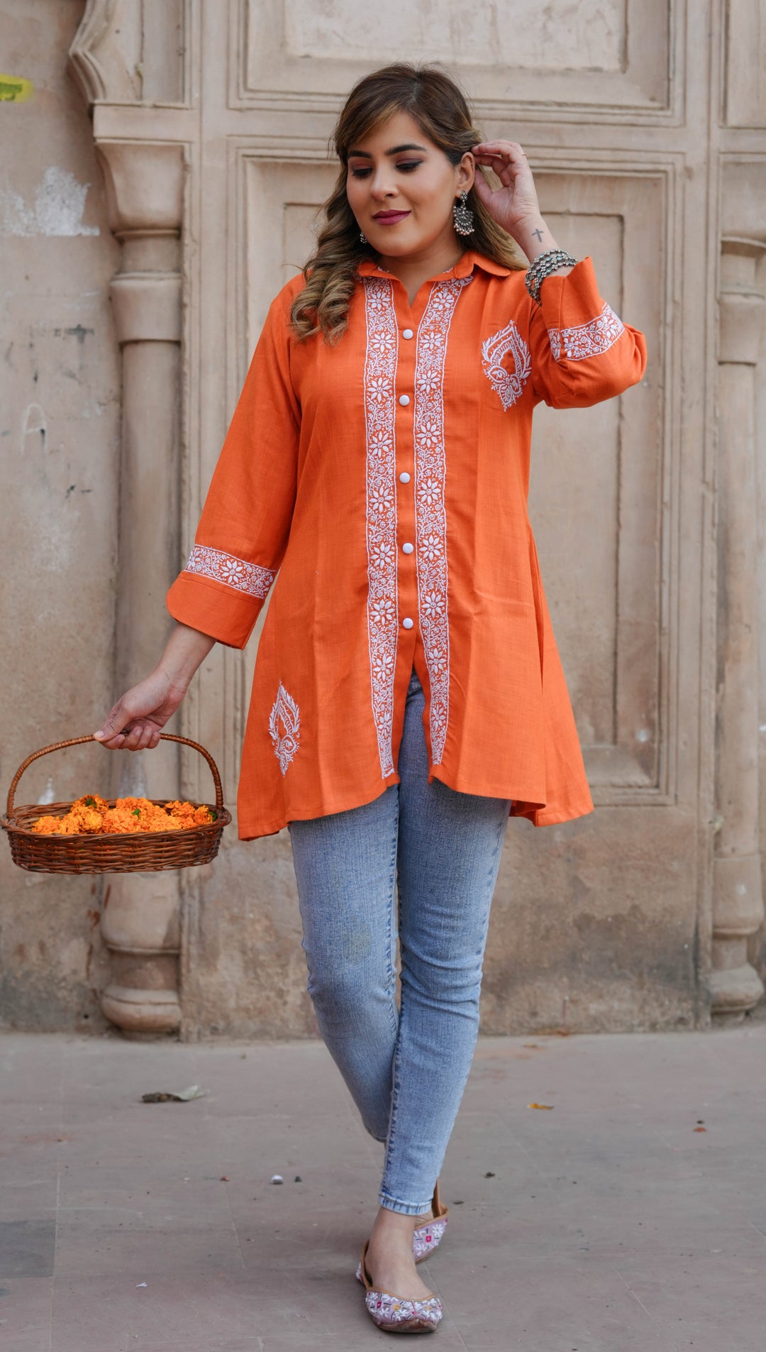 Linen Orange Chikankari Short Kurta -Custom Made