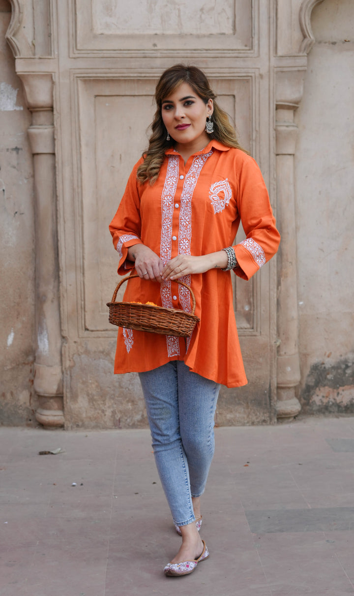 Linen Orange Chikankari Short Kurta -Custom Made