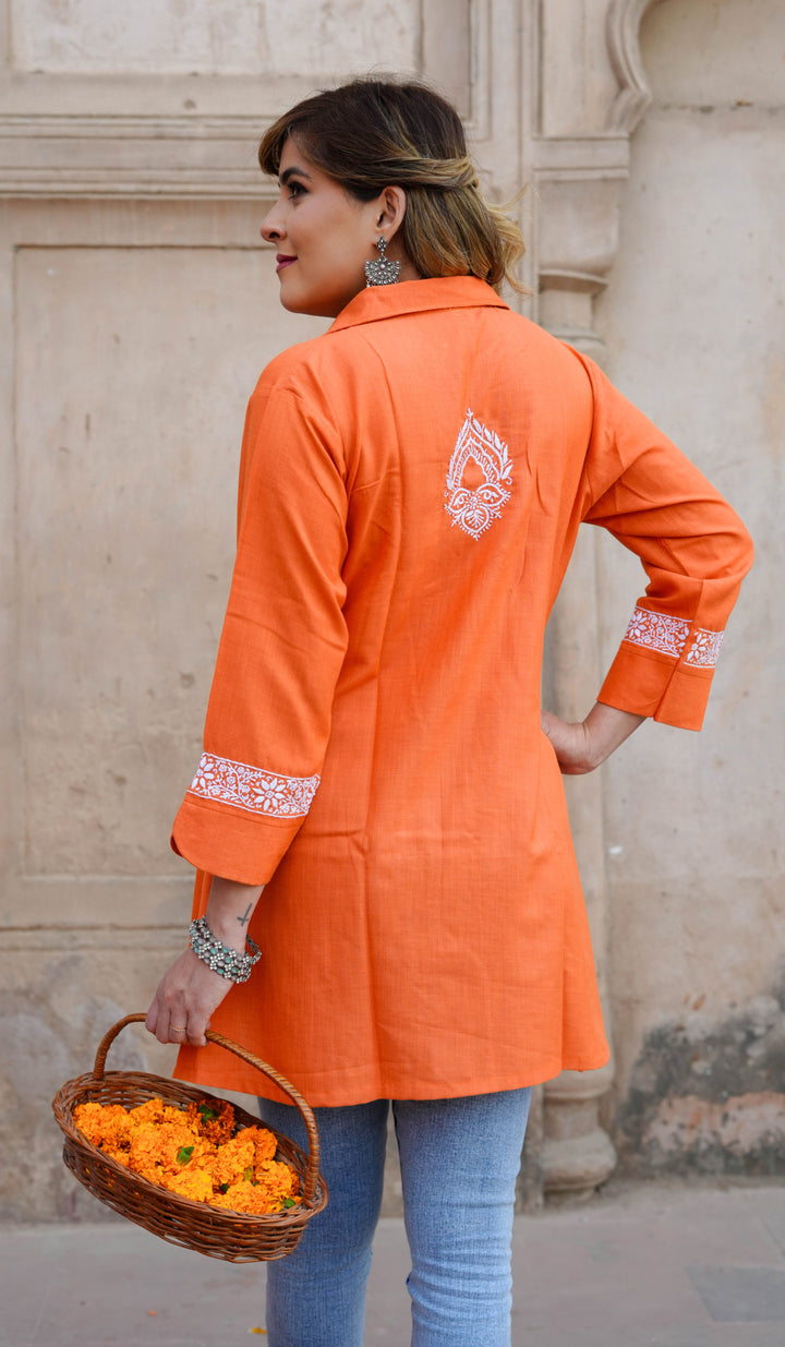 Linen Orange Chikankari Short Kurta -Custom Made