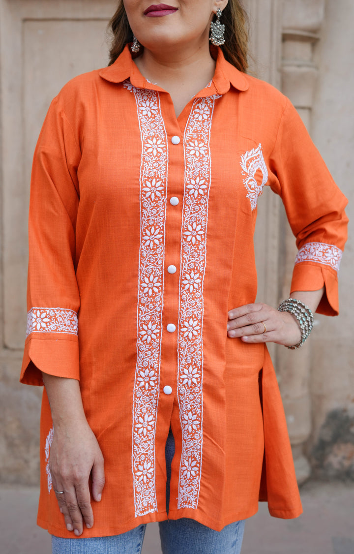 Linen Orange Chikankari Short Kurta -Custom Made