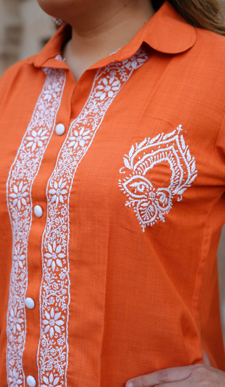 Linen Orange Chikankari Short Kurta -Custom Made