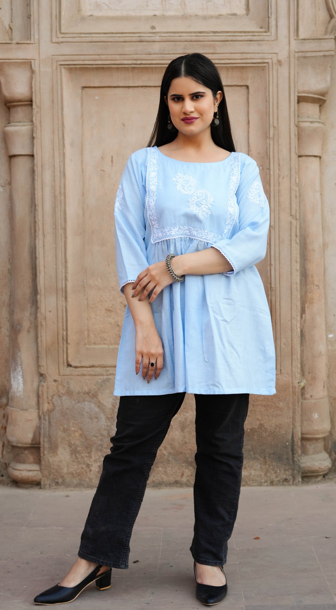 Sky Blue Chikankari Short Kurta -Custom Made