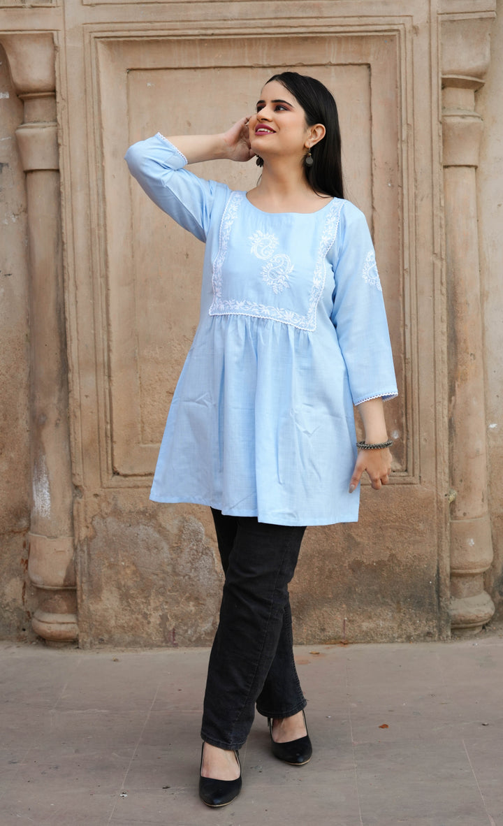 Sky Blue Chikankari Short Kurta -Custom Made