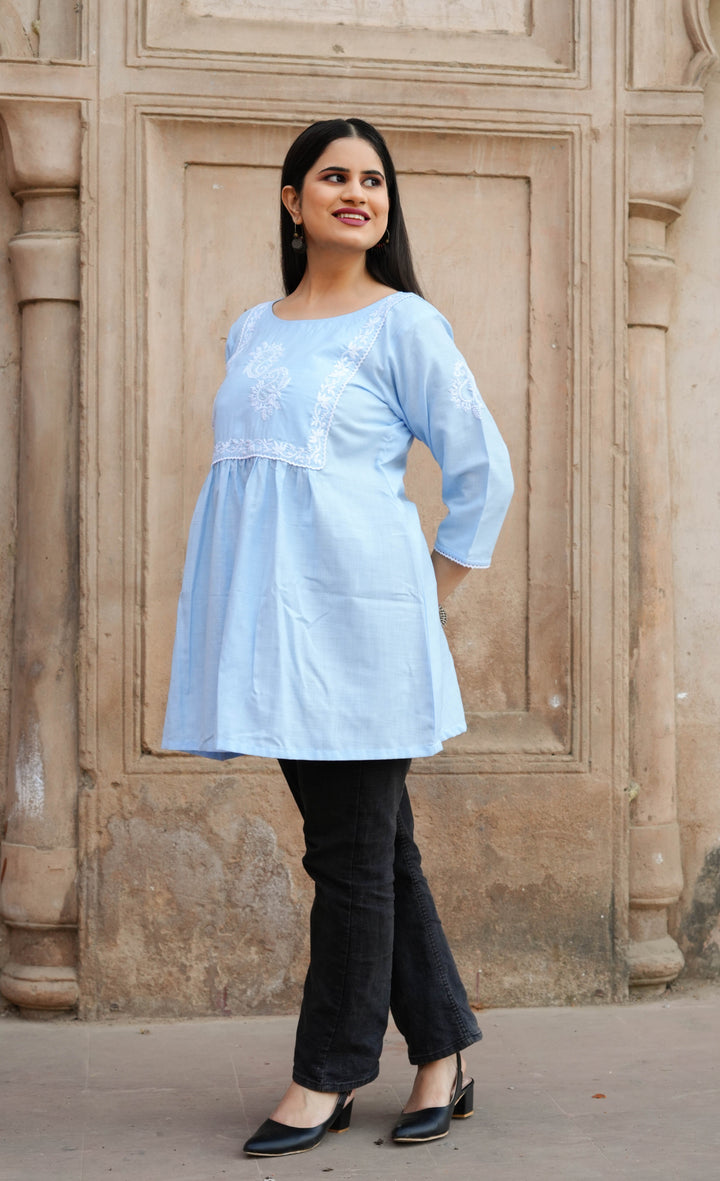 Sky Blue Chikankari Short Kurta -Custom Made