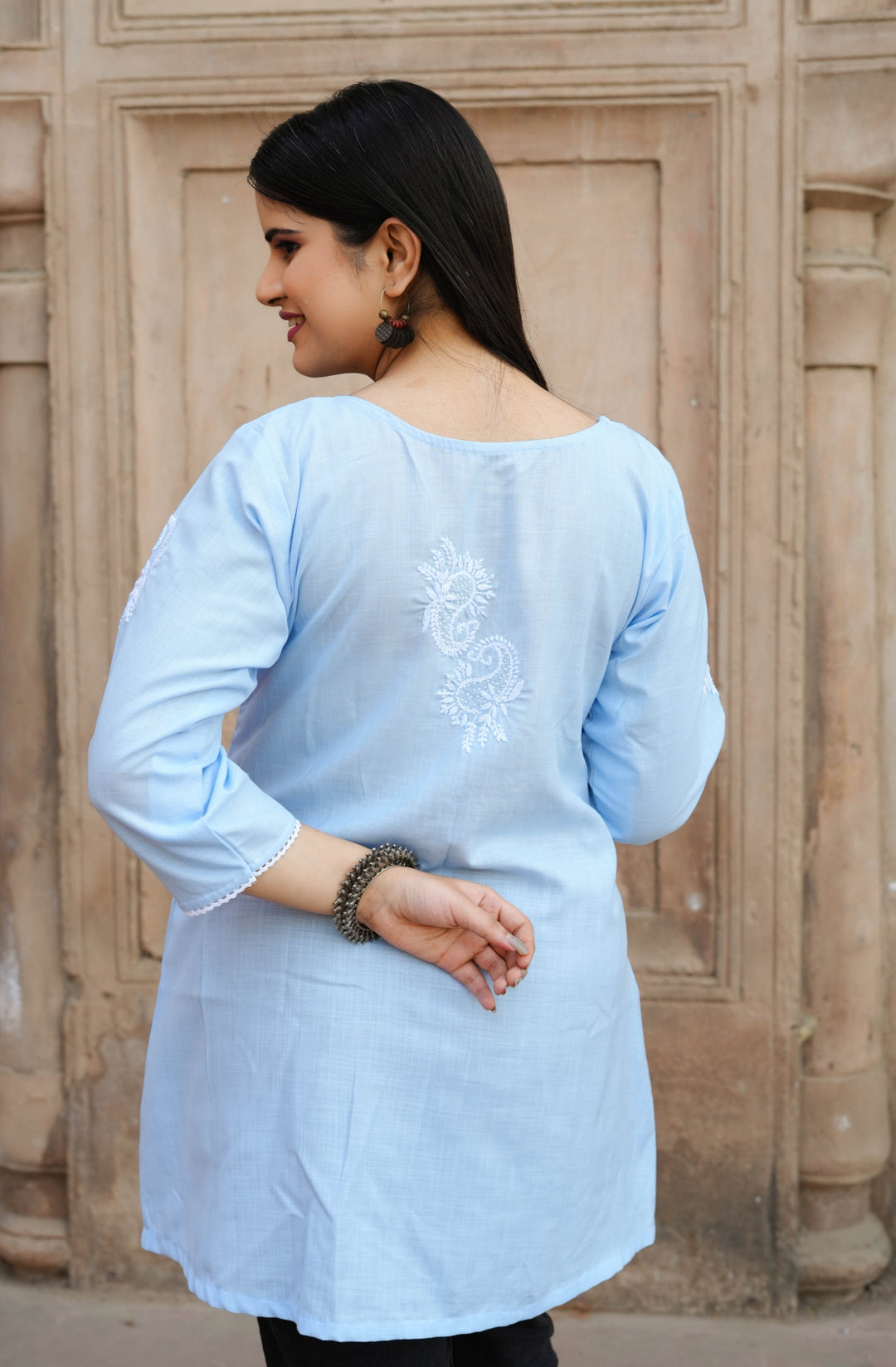 Sky Blue Chikankari Short Kurta -Custom Made