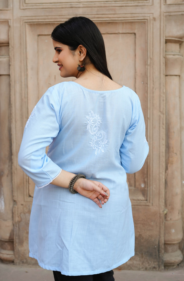 Sky Blue Chikankari Short Kurta -Custom Made