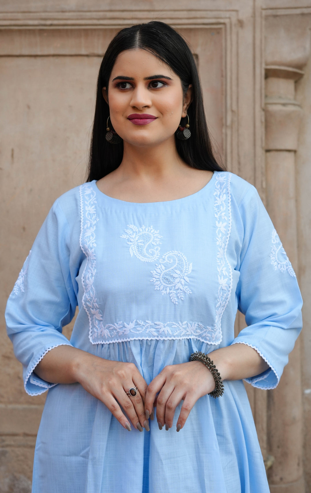 Sky Blue Chikankari Short Kurta -Custom Made