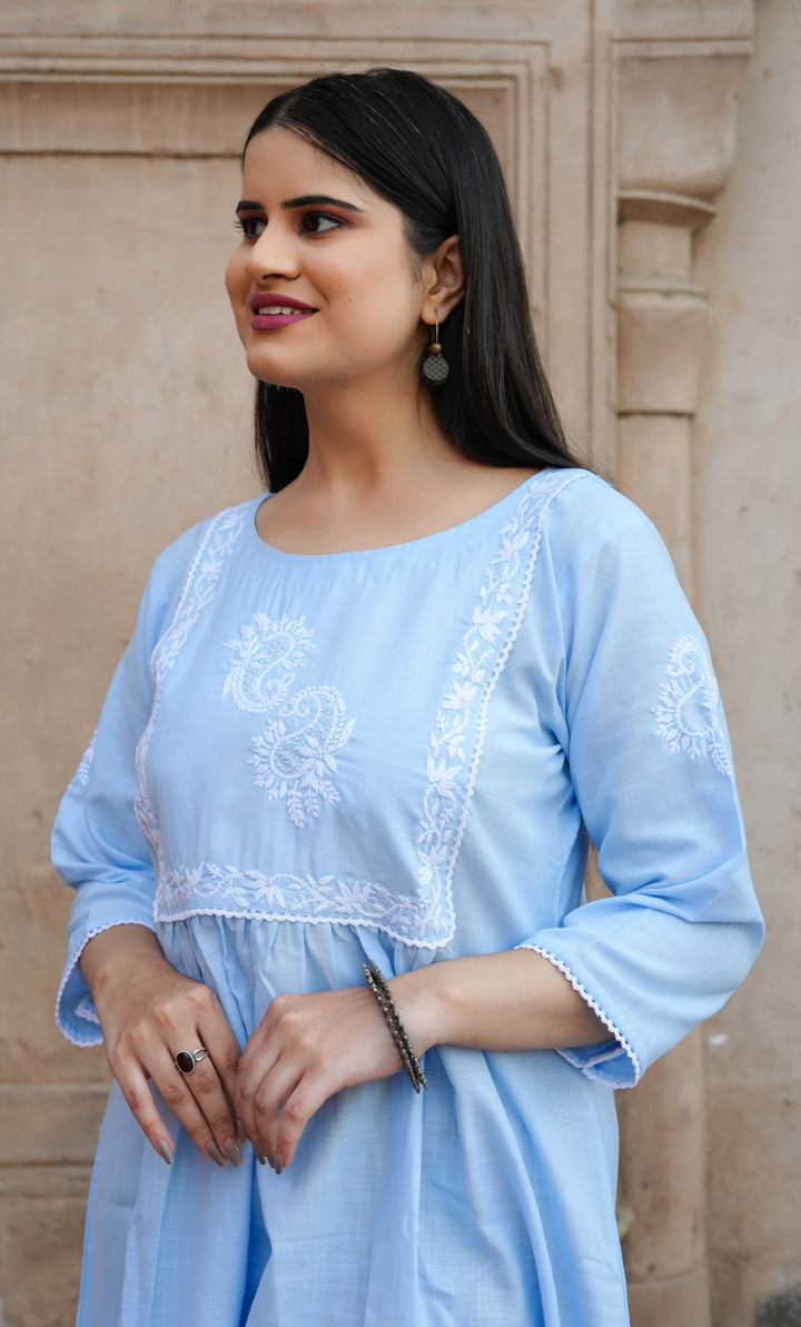 Sky Blue Chikankari Short Kurta -Custom Made
