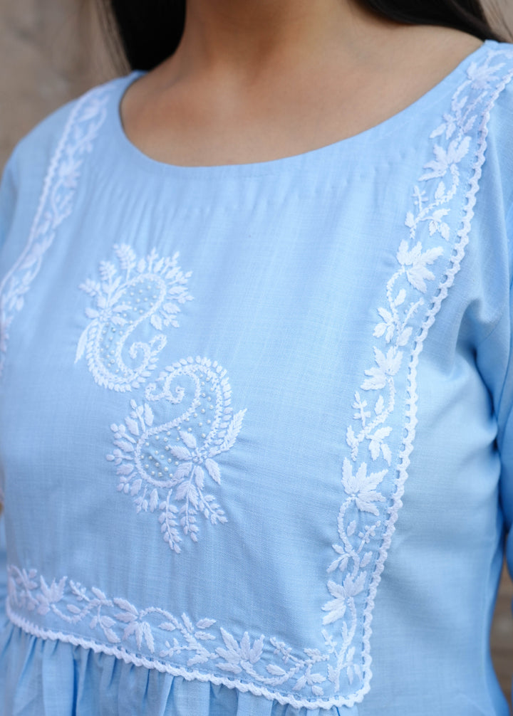 Sky Blue Chikankari Short Kurta -Custom Made