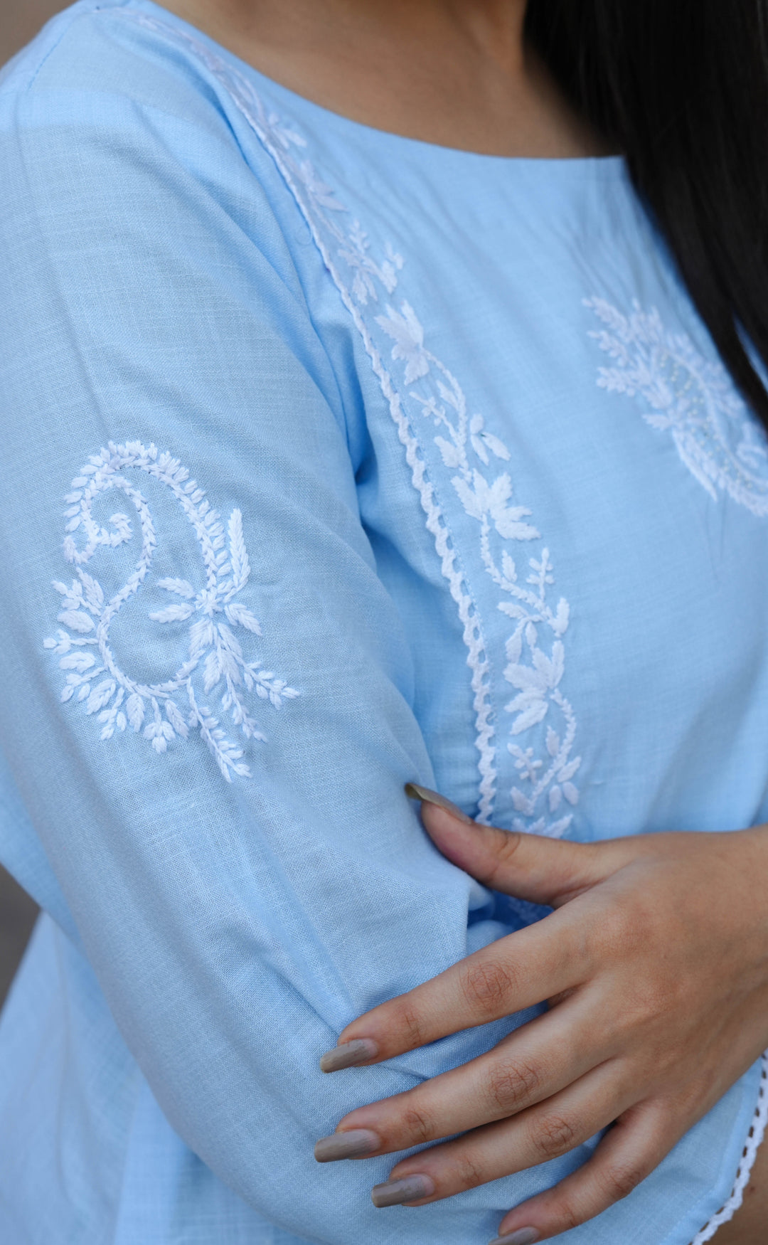 Sky Blue Chikankari Short Kurta -Custom Made