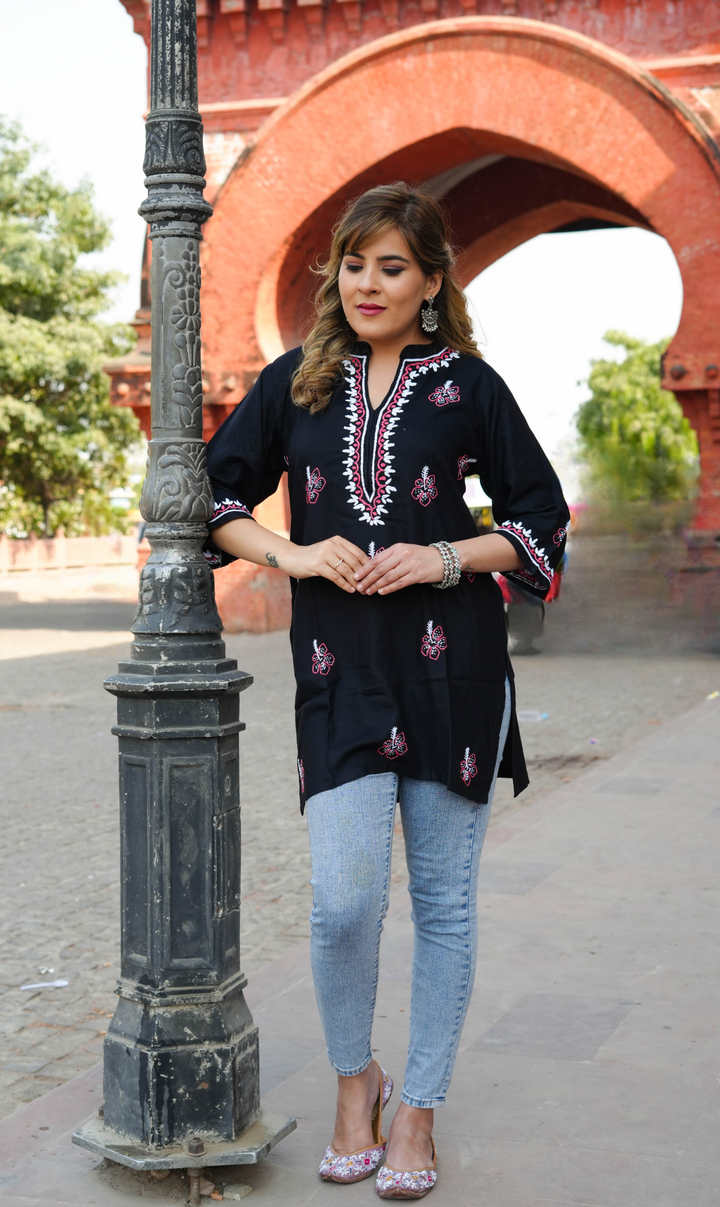 Black Rayon Chikankari Short Kurta -Custom Made