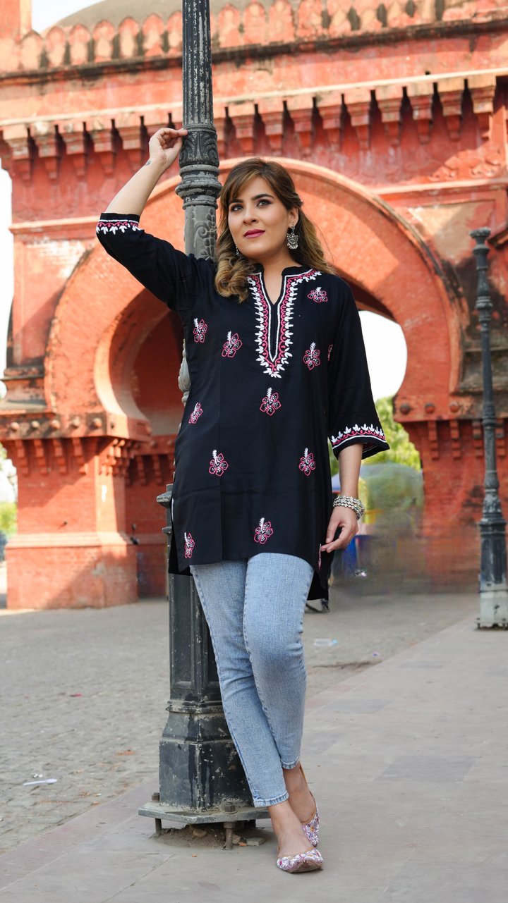 Black Rayon Chikankari Short Kurta -Custom Made