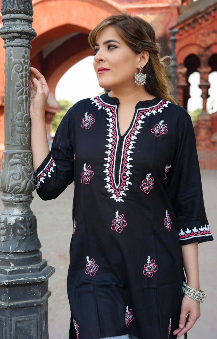 Black Rayon Chikankari Short Kurta -Custom Made