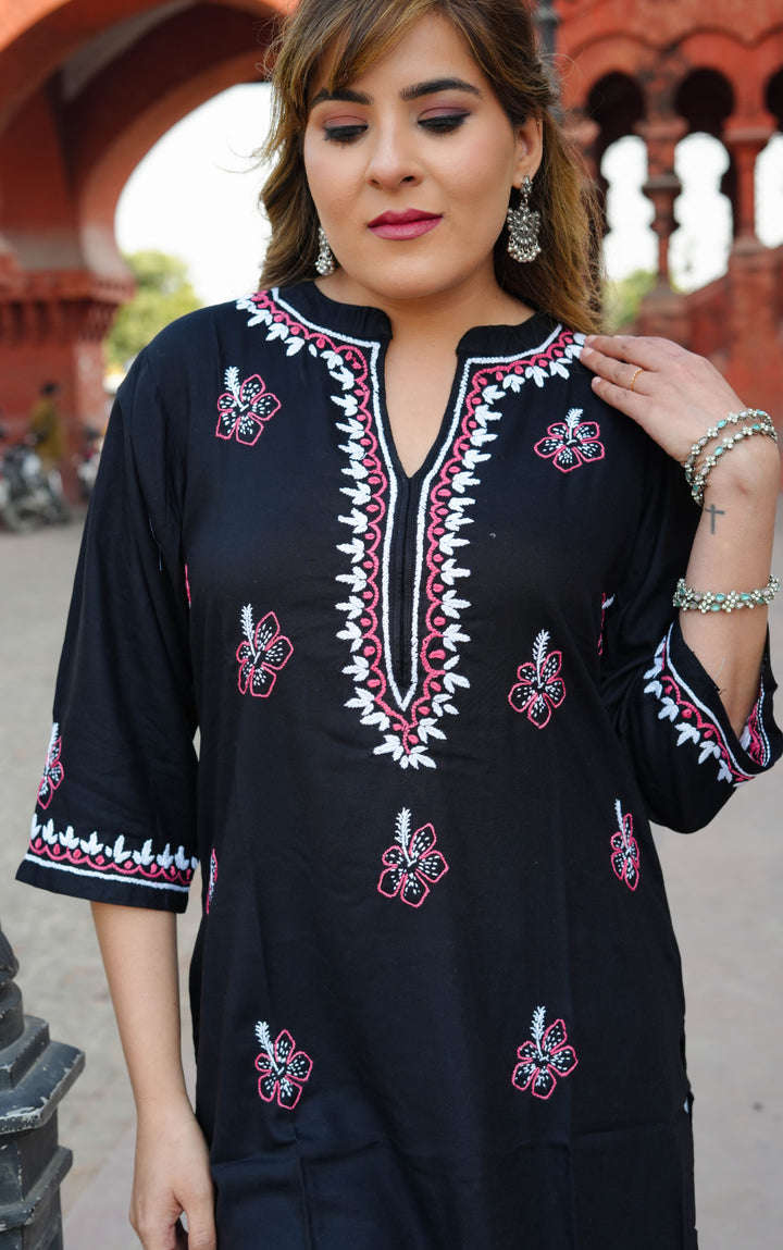 Black Rayon Chikankari Short Kurta -Custom Made