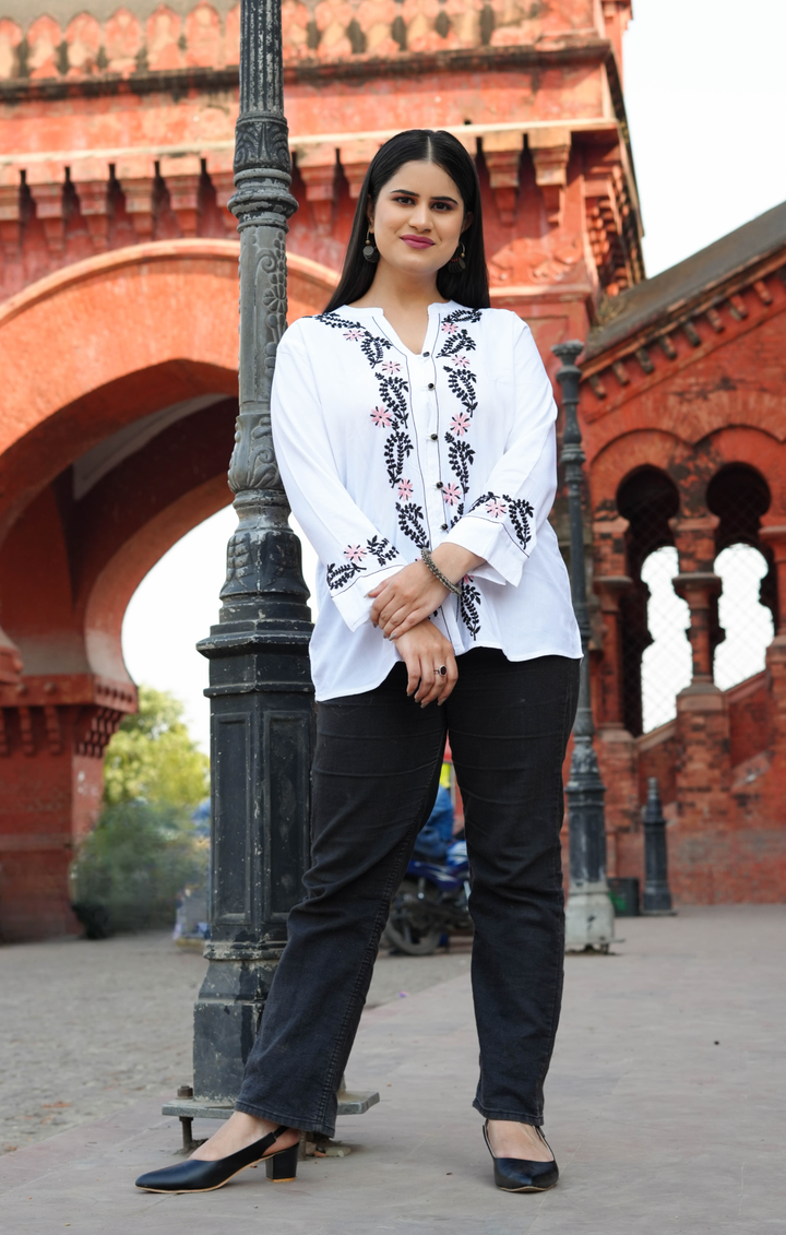 White Rayon Chikankari Short kurta -Custom Made