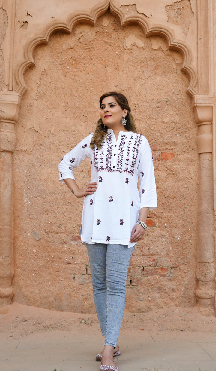 White Rayon Chikankari Short kurta -Custom Made