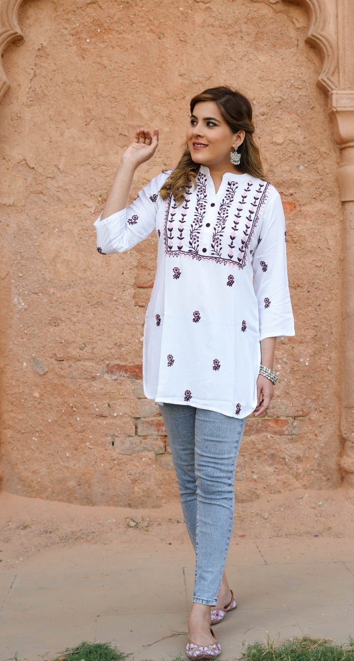 White Rayon Chikankari Short kurta -Custom Made