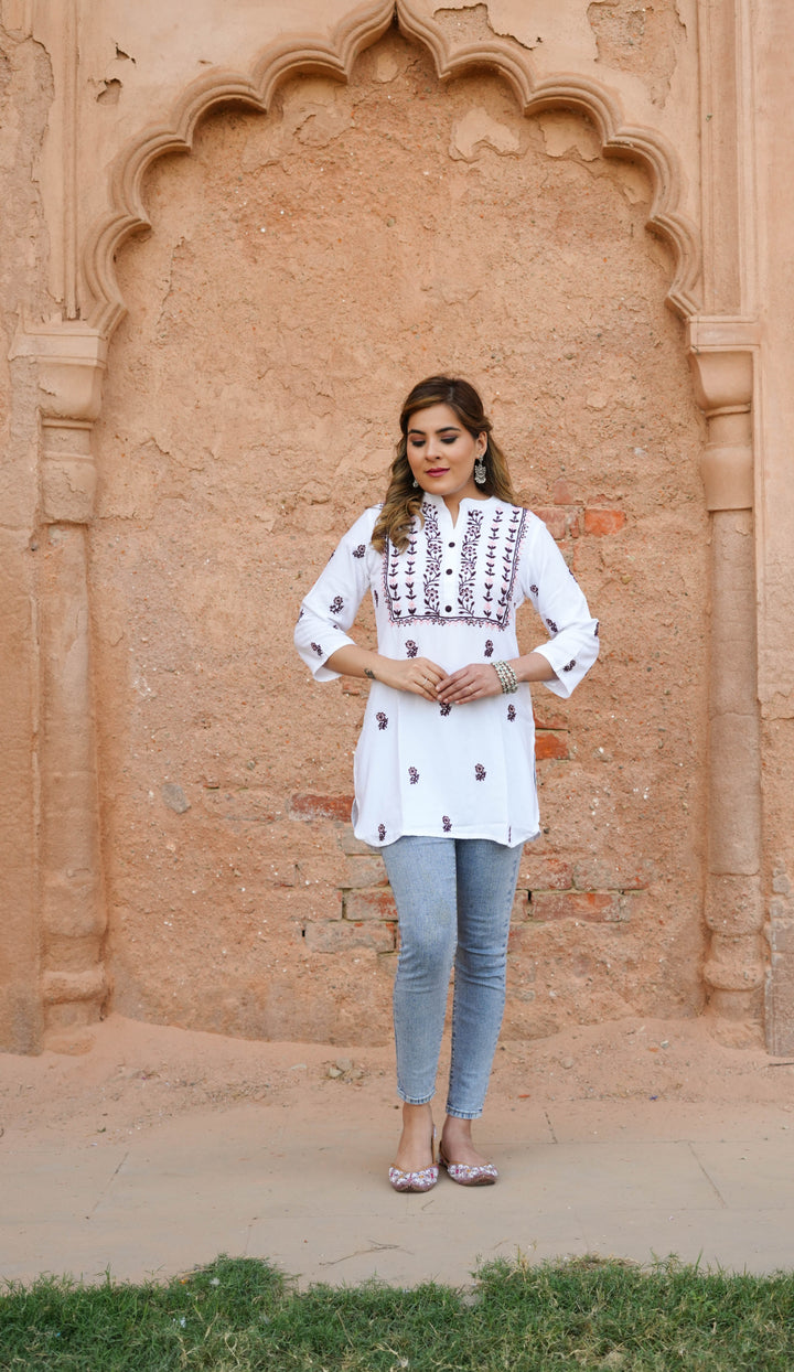 White Rayon Chikankari Short kurta -Custom Made