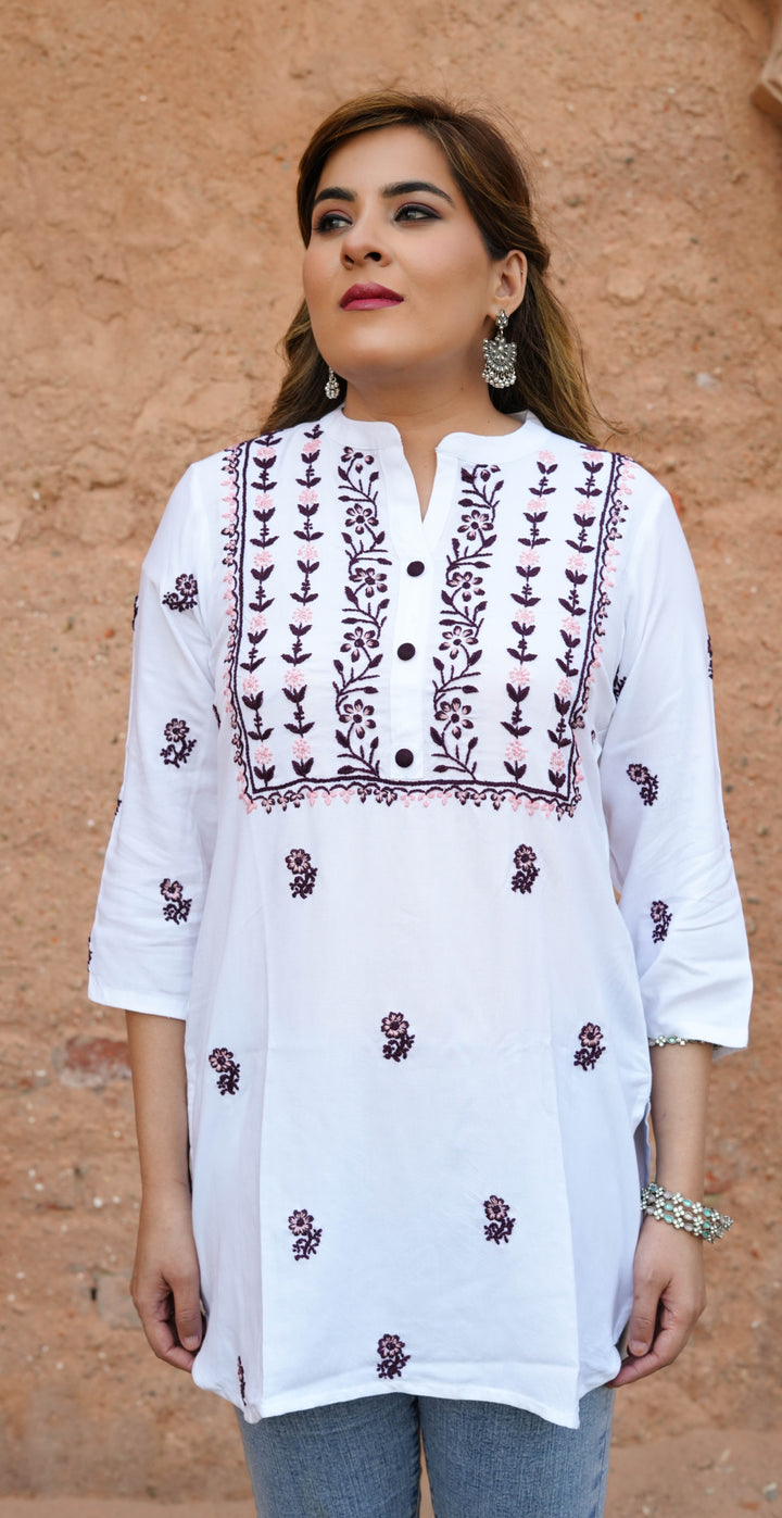 White Rayon Chikankari Short kurta -Custom Made