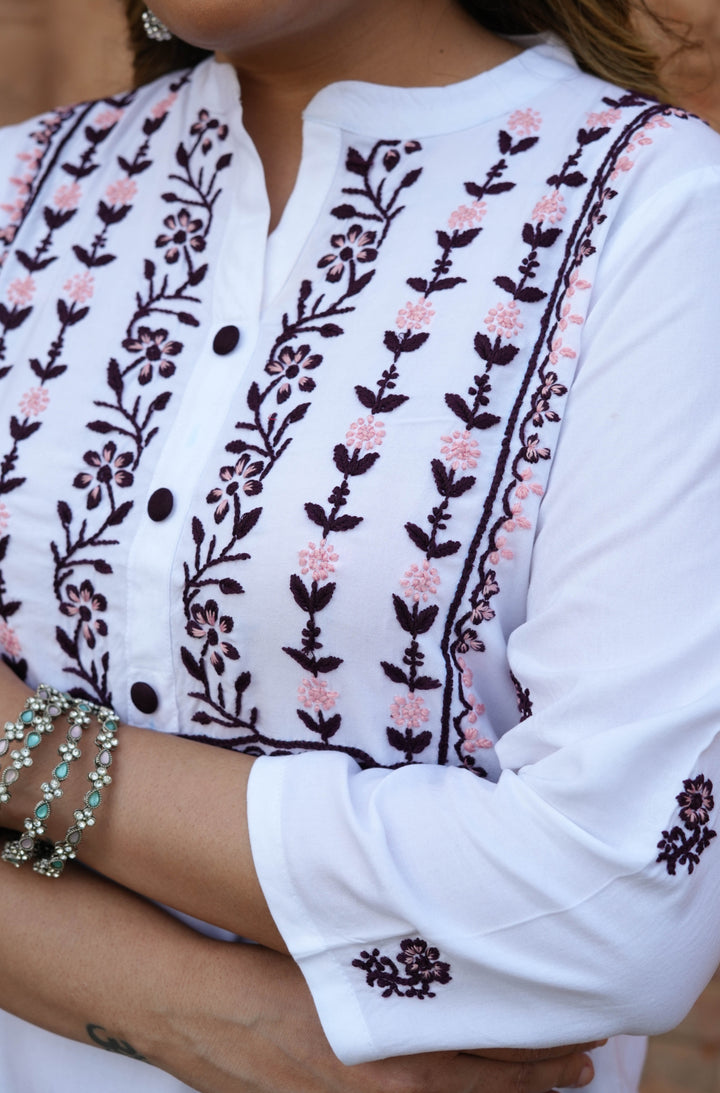 White Rayon Chikankari Short kurta -Custom Made