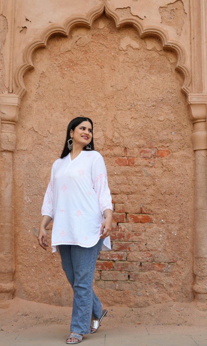 White Rayon Chikankari Short Kurta -Custom Made