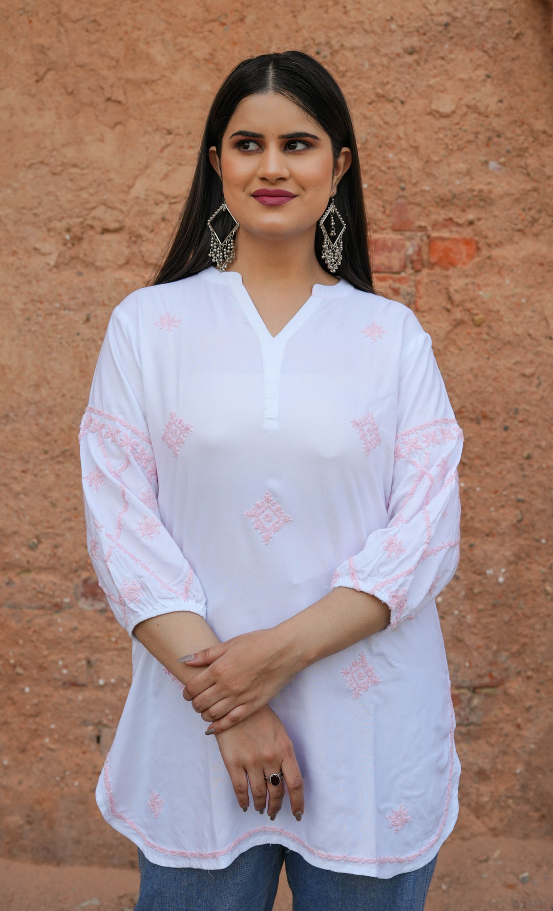 White Rayon Chikankari Short Kurta -Custom Made