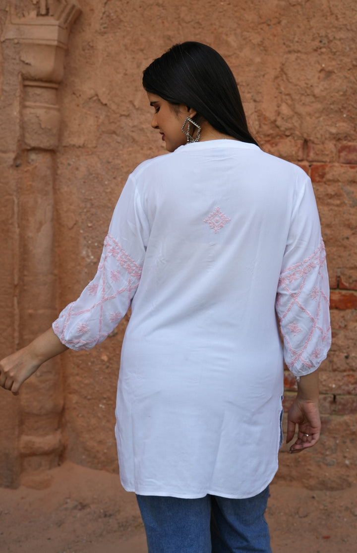 White Rayon Chikankari Short Kurta -Custom Made