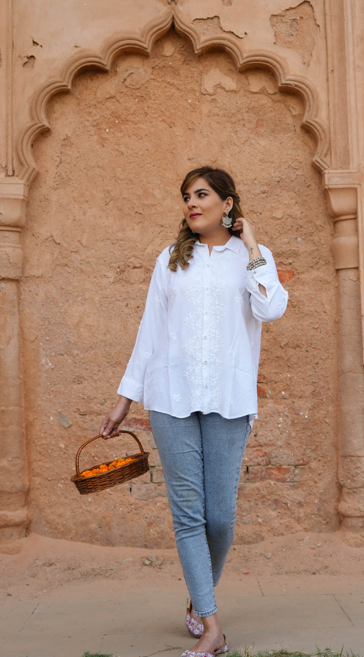 White Rayon Chikankari Short kurta -Custom Made