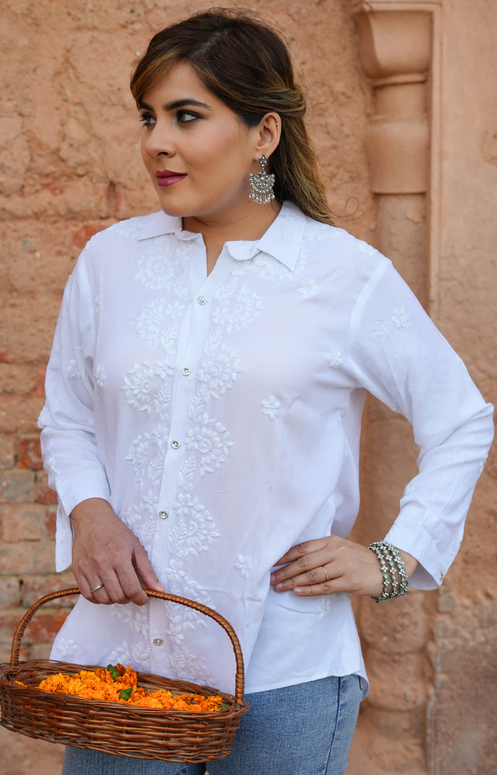 White Rayon Chikankari Short kurta -Custom Made