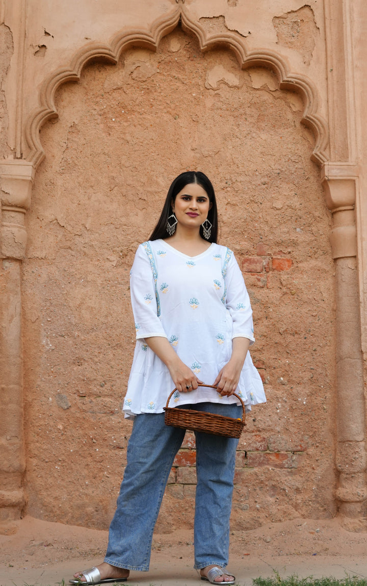 White Rayon Chikankari Short kurta -Custom Made