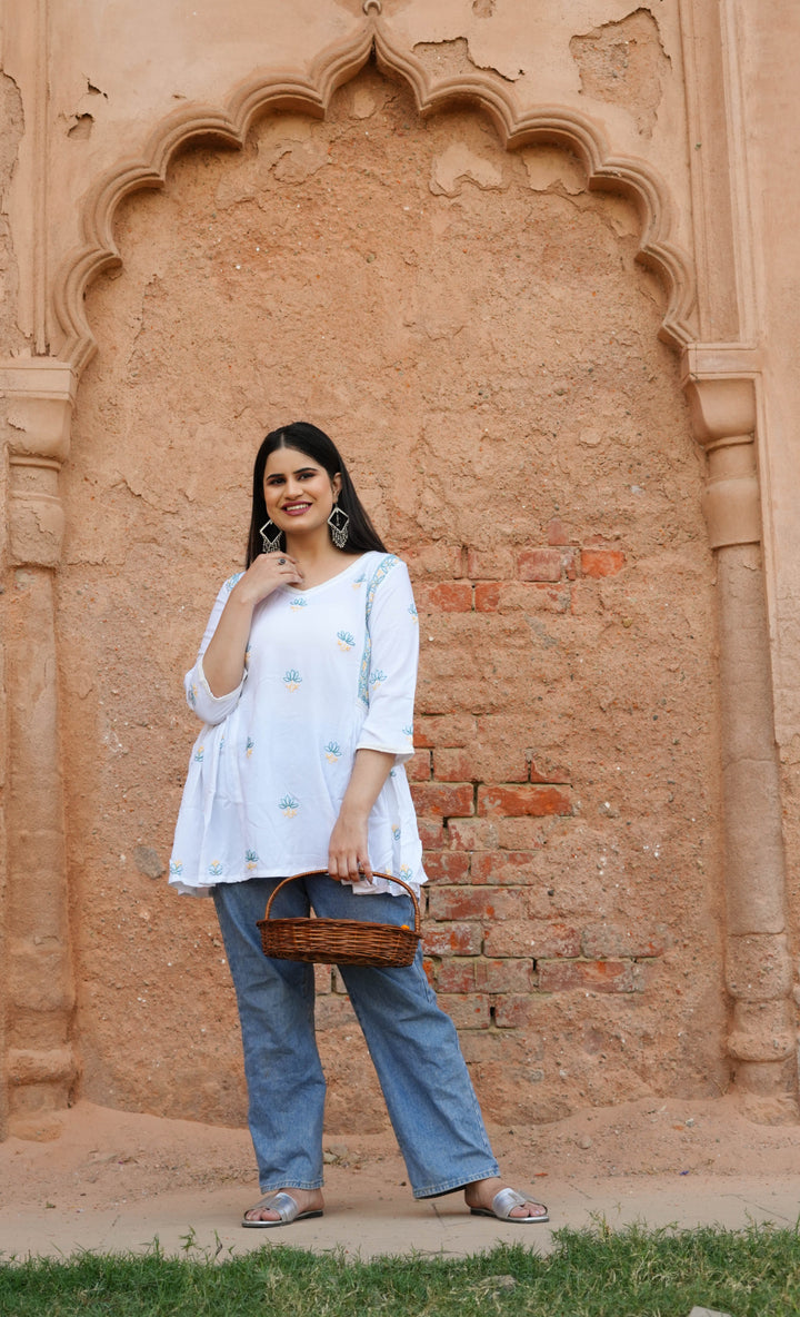 White Rayon Chikankari Short kurta -Custom Made