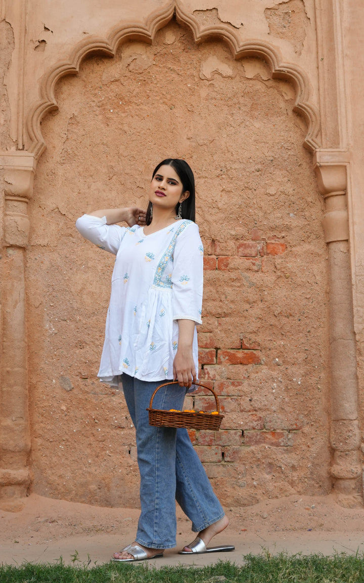 White Rayon Chikankari Short kurta -Custom Made