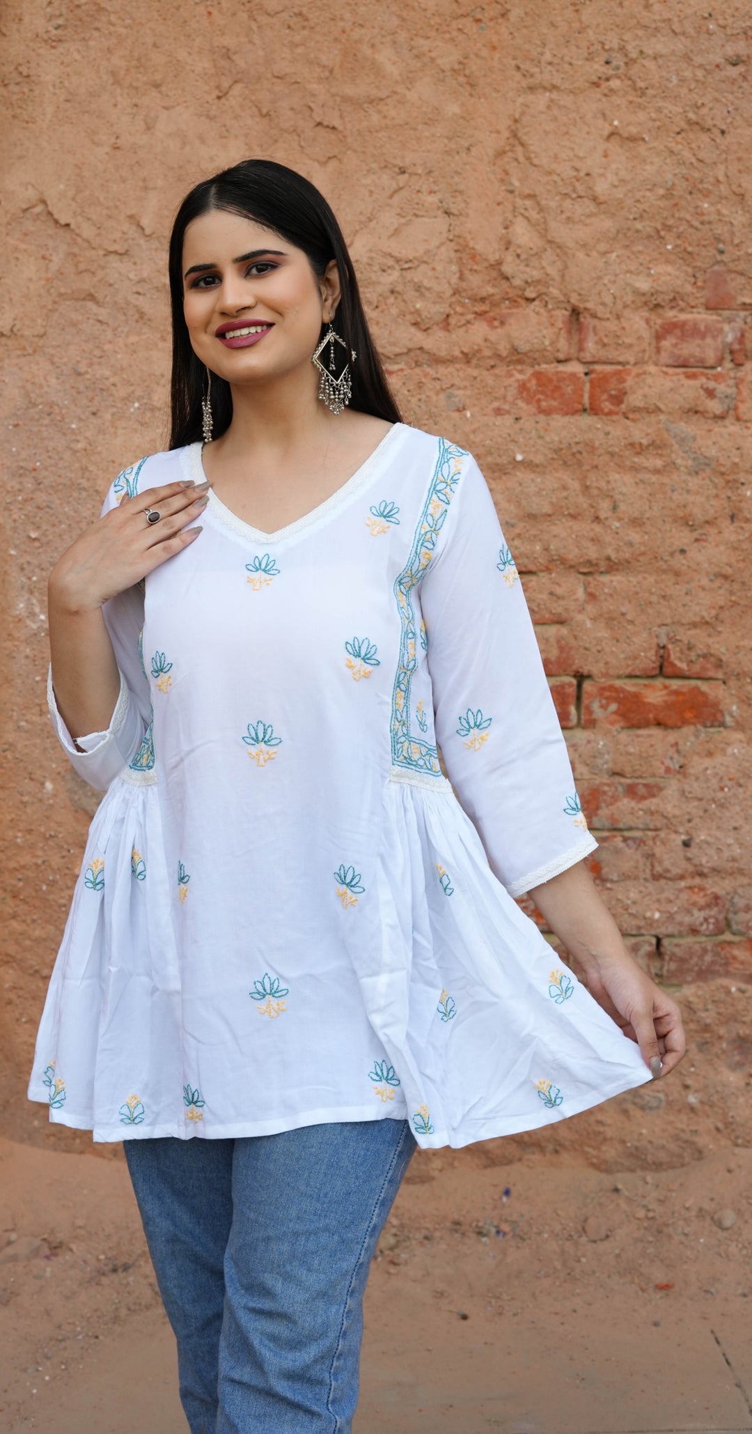 White Rayon Chikankari Short kurta -Custom Made