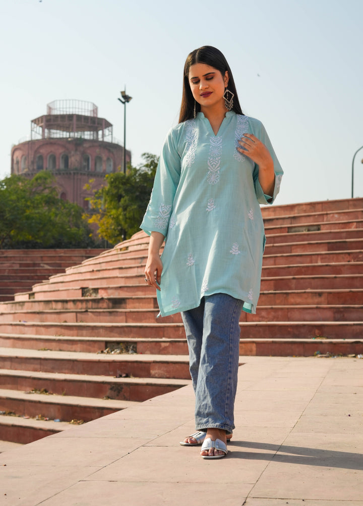 Linen Sea Green Chikankari Short Kurta -Custom Made