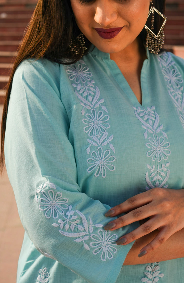 Linen Sea Green Chikankari Short Kurta -Custom Made