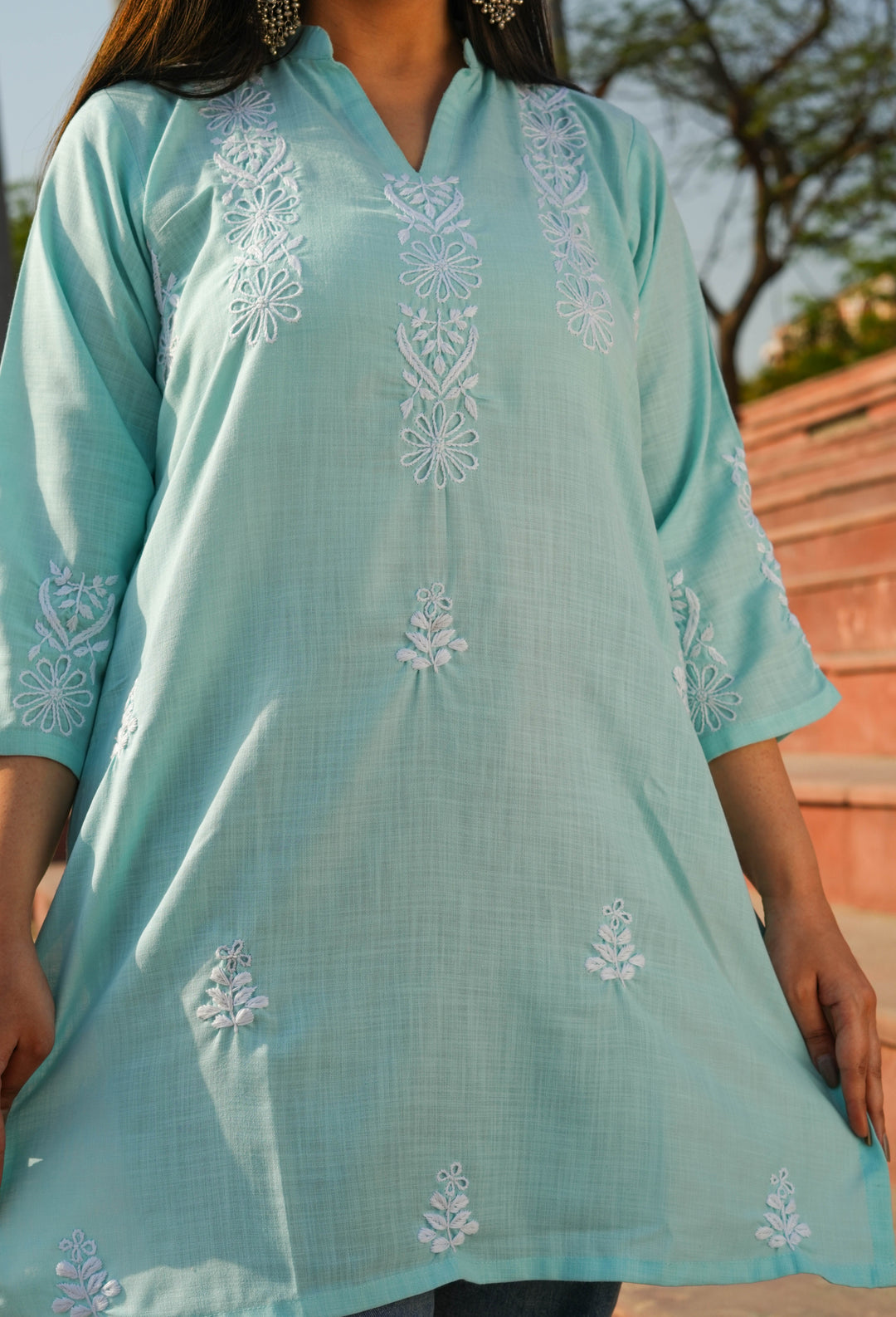 Linen Sea Green Chikankari Short Kurta -Custom Made