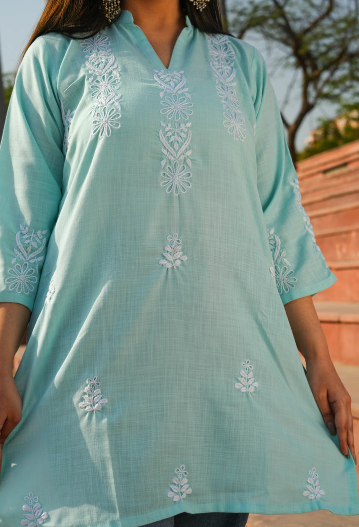 Linen Sea Green Chikankari Short Kurta -Custom Made