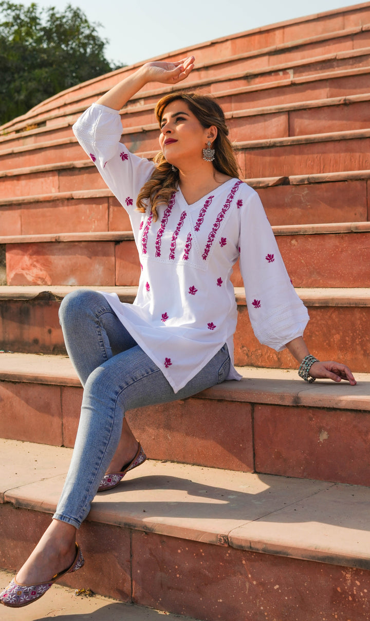 White Rayon Chikankari Short kurta -Custom Made