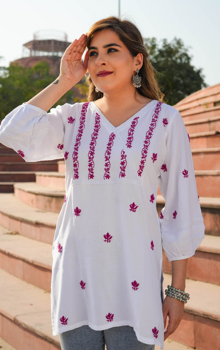 White Rayon Chikankari Short kurta -Custom Made