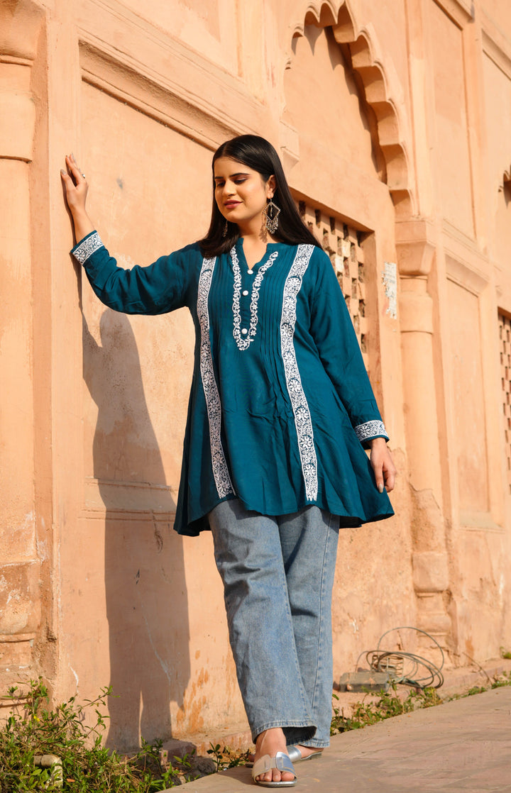 Teal Blue Rayon Chikankari Short Kurta -Custom Made